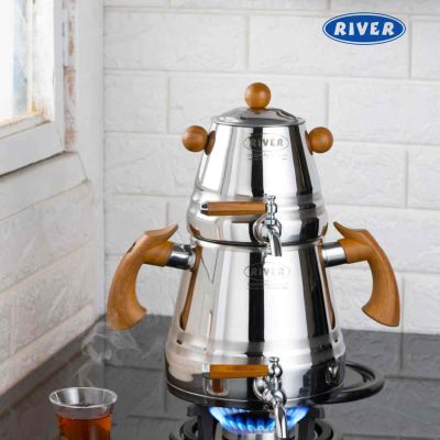 کتری قوری هرمی شیردار استیل طرح چوب
