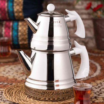 کتری قوری هرمی لوله ای استیل دسته سفید