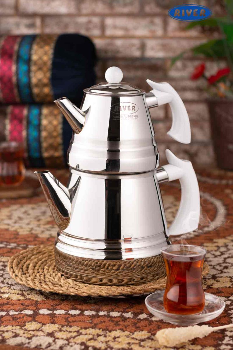 کتری قوری هرمی لوله ای استیل دسته سفید