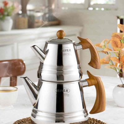 کتری و قوری هرمی لوله ای استیل دسته طرح چوب