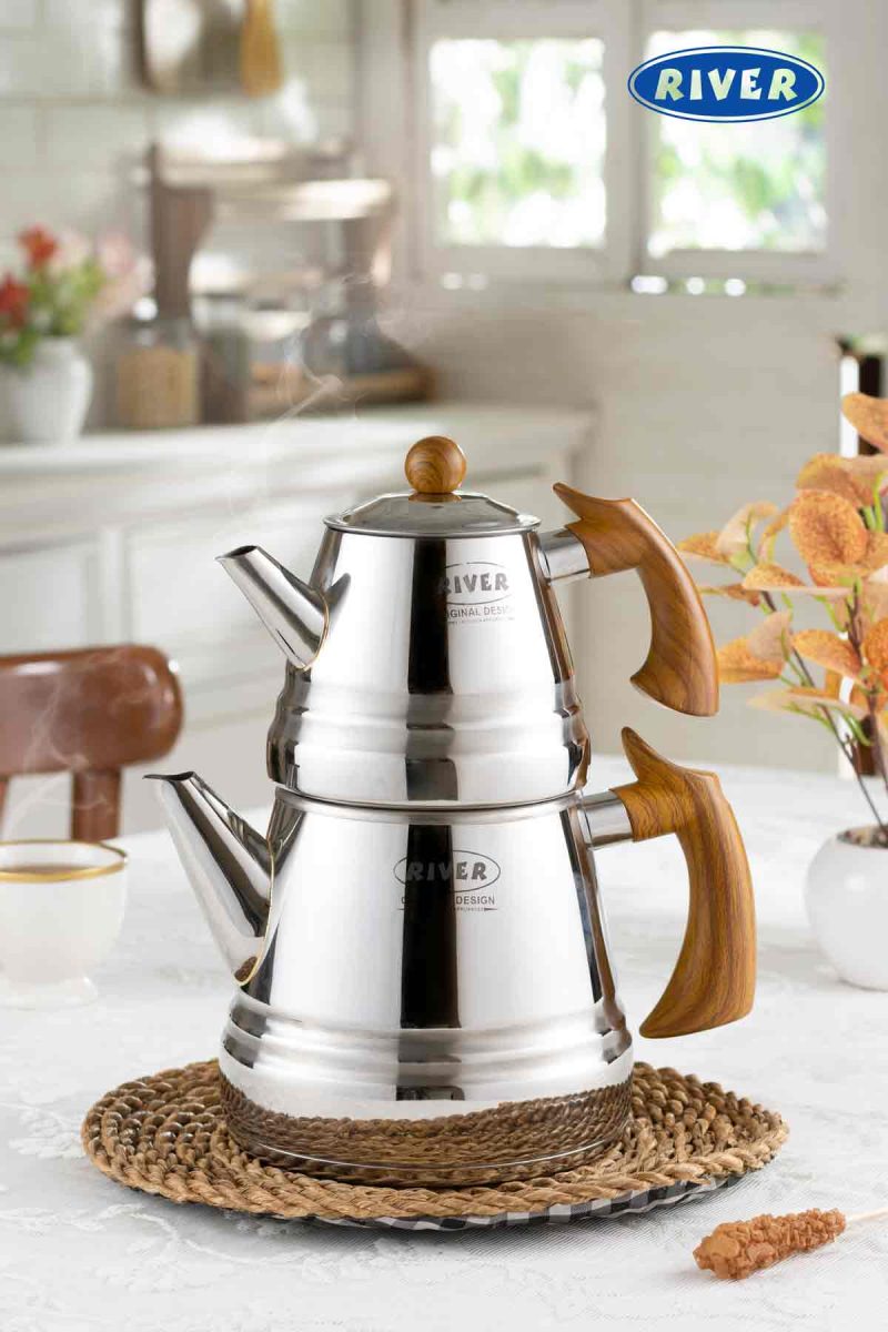 کتری و قوری هرمی لوله ای استیل دسته طرح چوب