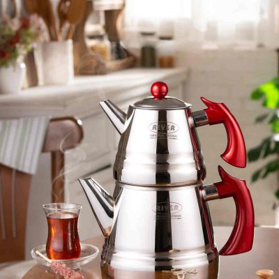 کتری قوری لوله ای هرمی استیل دسته قرمز